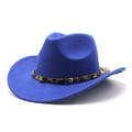 Detail of bright blue wool fedora with leopard print band and gold star metal buckles - M (56-58cm) / Blue