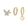Detail of 3-piece gold S925 silver earring set with butterfly, heart and zircon accents - Gold Butterfly Heart Combination 3-Piece Set (#64)