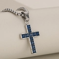 Silver stainless steel hip hop cross pendant with square cut blue gemstones - Silver Cross Pendant (Sapphire Blue Zirconia)