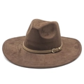 Dettaglio del cappello fedora in camoscio marrone scuro con cinturino in pelle e fibbia - M(56-59CM) / Marrone