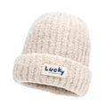 Thick cream knit beanie featuring a blue Lucky label patch on a folded cuff - Beige