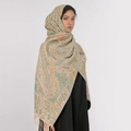 Women's warm paisley shawl in beige, orange, and green colors with tassel edges - Beige Orange Green (T490-02)