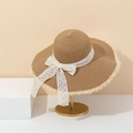 Women's wide brim straw sun hat with lace ribbon bow and fringed edges for beach - M (56-58cm) / Khaki