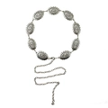 Bohemian silver waist chain featuring engraved oval metal plates and adjustable chain - 135cm / Vintage Silver - Rhombus Carved