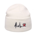 White knitted beanie with embroidered black heartbeat line and red heart pattern - Black EKG Embroidery / White