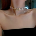 Double-layer baroque pearl and rhinestone choker necklace with layered twist design - Rhinestone and Faux Pearl Spliced Necklace