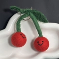 Handmade red cherry wool felt keychain with cute smiley faces and green leaves detail - Cherry Pair