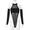 Dettaglio del body in rete nera con tagli elastici e maniche lunghe coordinate - S / Nero