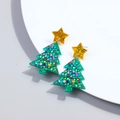 Christmas tree acrylic drop earrings with green glitter and gold star for festive party - Style 6 - Wavy Green Glitter Tree
