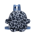 Mini plush kids backpack in grey leopard print with blue contrast straps and soft faux fur - Blue