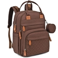 Detail of dark coffee quilted diaper backpack with brown leather accents and a small round pouch - Coffee