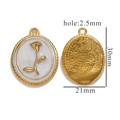 Golden oval stainless steel rose charm with white enamel detail and dimension measurements - Rose Oval Relief Pendant (Z2375GA) / White