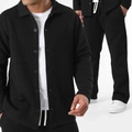 Men's black waffle texture casual set with button-up shirt and matching trousers - M / Black
