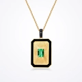 Vintage French gold necklace with rectangular emerald stone and black border detailing - Green Zircon Pendant (No Chain)