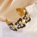 Bracelet jonc ouvert doré avec papillon émaillé noir et blanc sur tissu en satin - Noir et Blanc