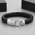 Men's double-layered black braided leather bracelet with silver stainless steel clasp - Black Braided with Silver Metal Buckle (KB67836-BD)