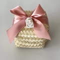 Handmade bamboo gift box featuring a pink satin bow and pearl Thank You tag accessory - Square Box Pink Ribbon Style
