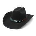 Classic black Western cowboy felt hat with ethnic beaded band and wide curved brim for style - M (56-59cm) / Black