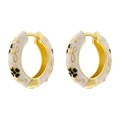 Vintage gold hoop earrings with cream enamel and black floral patterns for women - White Black Petals