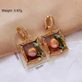 Vintage palace style earrings with oil painting enamel flower and purple pearl - 【B-17】Square Pearl Green Leaf