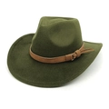 Detail view of olive green wool felt wide brim cowboy hat with brown suede band - Army Green