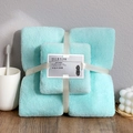 Thick light blue coral fleece towel and bath towel set tied with a cream ribbon - Towel + Bath Towel [Mesh Bag] / Lake Blue Coral Fleece