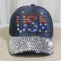 Detail of denim baseball cap with USA rhinestone letters and silver spiked studs - Style 17-Deep Blue Denim USA Studded Rhinestone