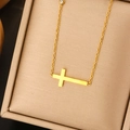 Gold Sideways Cross Single Zircon Pendant Necklace