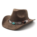 Dark brown faux suede cowboy hat with ethnic woven band and turquoise stone detail - M (56-59cm) / Brown