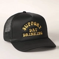 Black mesh trucker hat with gold embroidery support day drinking slogan on front - One Size / Black