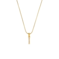 Elegant gold snake chain necklace with a vertical pendant featuring five white pearls - Letter I