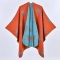 Orange and teal double-sided knit shawl with ginkgo leaf pattern and tassels - Ginkgo Leaf Orange