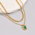 Double-layered golden necklace featuring a Figaro chain and a green rectangular pendant - 18K Gold-Green Inlay
