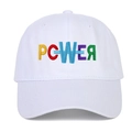 White cotton baseball cap with colorful POWER embroidery and curved brim in center view - Adjustable / White