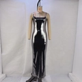Detailed view of the dark grey metallic fabric and spaghetti straps on the slim dress - S / Silver Gray