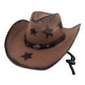 Brown western cowboy straw hat with star prints and bronze Hamsa hand decoration - M (56-58cm) / Coffee