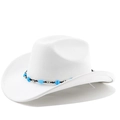 Detailed view of white felt cowboy hat with blue beaded black braided ethnic band - Pure White