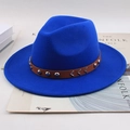 British style blue wool fedora hat with studded brown leather band and metal V-detail - Flat Brim Rivet Wave Decor / Sapphire Blue