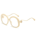 Chic beige round frame sunglasses with wavy golden metal arms and pearl accents - Beige Frame Clear Lens