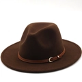 Detailed top view of dark brown wool fedora hat with premium leather buckle strap belt - Coffee