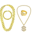 Hip hop jewelry set with gold Cuban chain, dollar sign pendant and ring with rhinestones - Dollar Accessory 4-Piece Set No Glasses