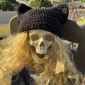 Black hand-knitted cat ear beanie with devil horns for women winter warmth - Adult 56-59cm / Black