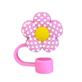 Pink flower-shaped silicone straw cover for 10mm tumbler straws with a white grid pattern - Pink