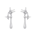 Close-up of silver star stud earrings with teardrop metal pendants and cubic zirconia - VE1191 Silver Starburst Pendant