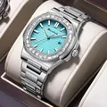 Reloj cuadrado plateado para hombre con esfera azul Tiffany y bisel con gemas - Azul Turquesa