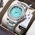 Silver square men watch with Tiffany blue dial and gem-set bezel on white pillow - Turquoise Blue