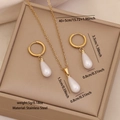 Golden stainless steel jewelry set with white teardrop faux pearl pendants for women - Water Drop Style (2#水滴)