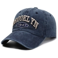 Navy blue washed cotton baseball cap featuring Brooklyn 1947 vintage embroidery style - Blue