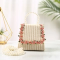 Cute straw woven beach bag with pink flower embroidery and elegant pearl handles - Pearl Chain / Off White