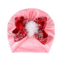 Turbante per neonati in velluto rosa con fiocco scozzese rosso e pompon bianco - Rosa